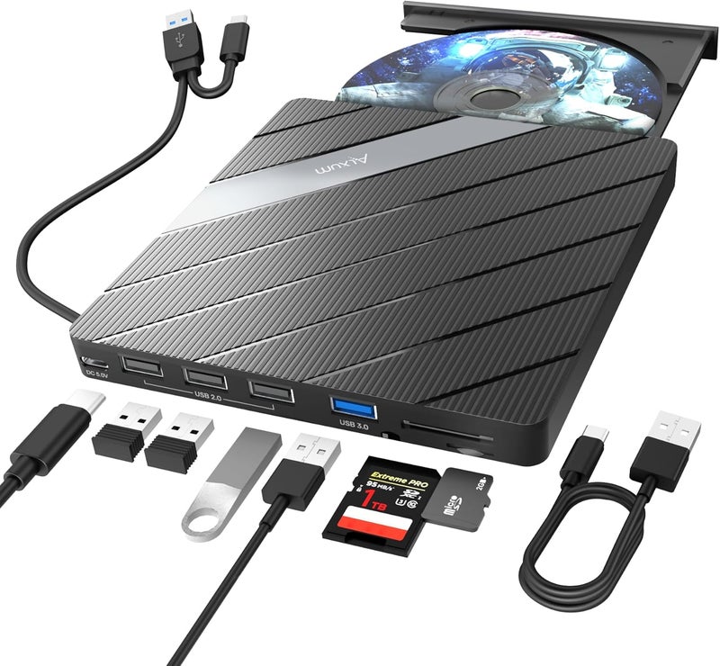 ALXUM External CD DVD Drive for Laptop, 8 in 1 Portable CD DVD Burner Rewriter with Multiple Ports Support Faster Transfer Speed CD 8X DVD 24x for Windows 11/10/8/7 MacOS and More - Image 1